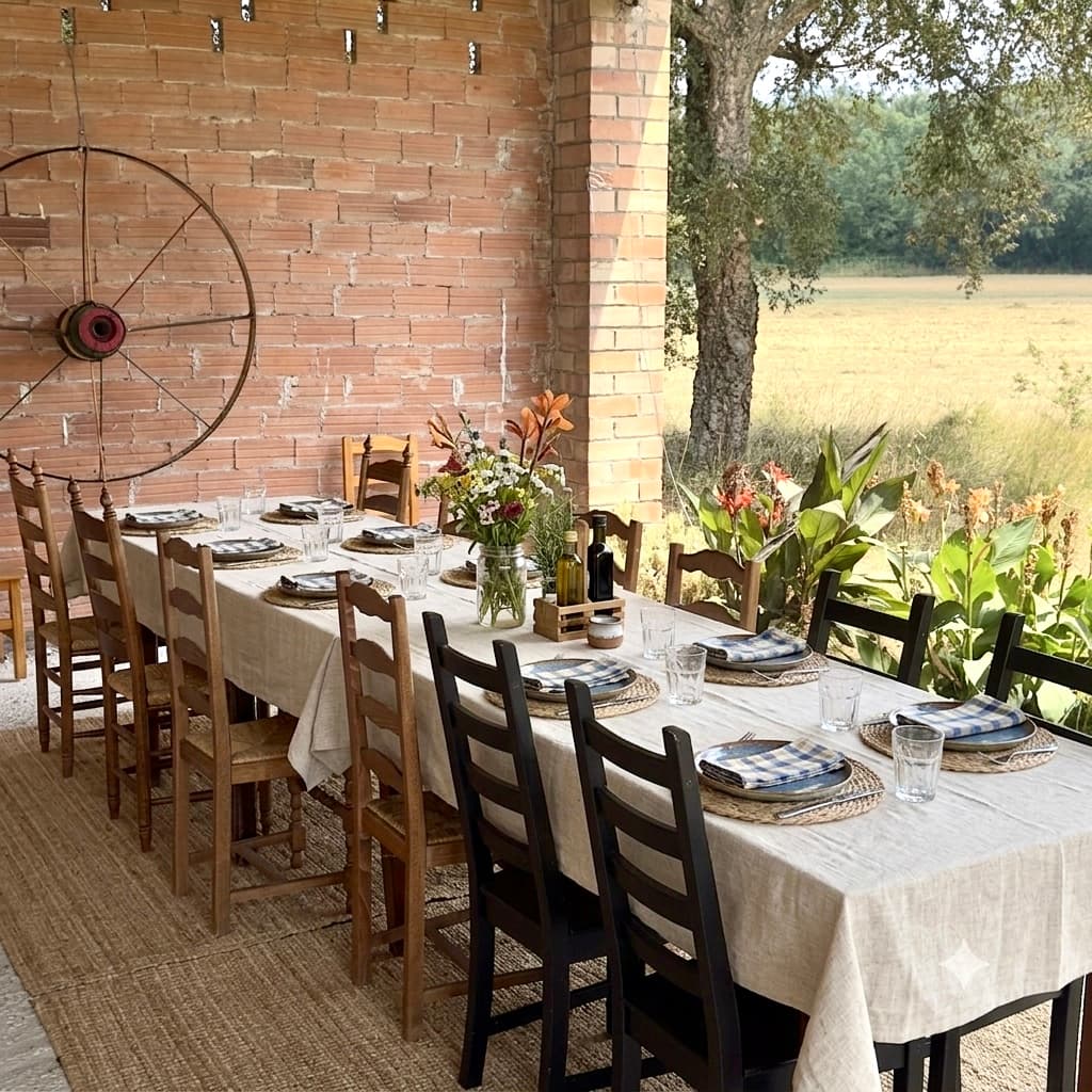 Covered BBQ and dining terrace at Can Sureda, long table set for a group